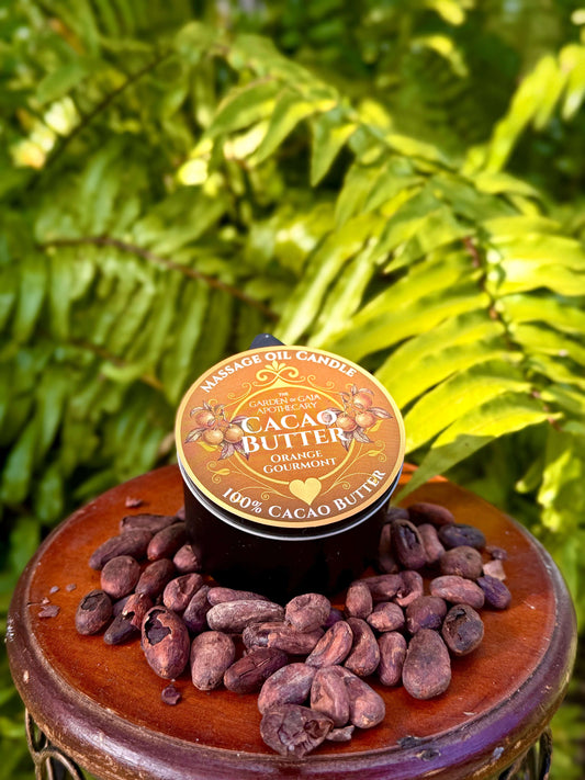 Theobroma Cacao Butter-Massage Candles-orange with cacao beans, presented on a wooden surface surrounded by green foliage.