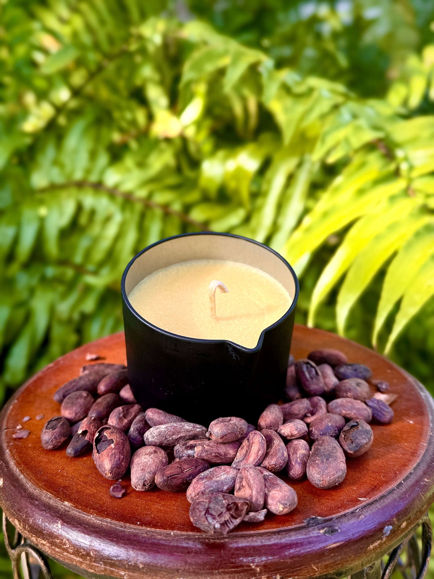 Theobroma Cacao Butter-Massage Candles-orange on a wooden table surrounded by cacao beans and green foliage.