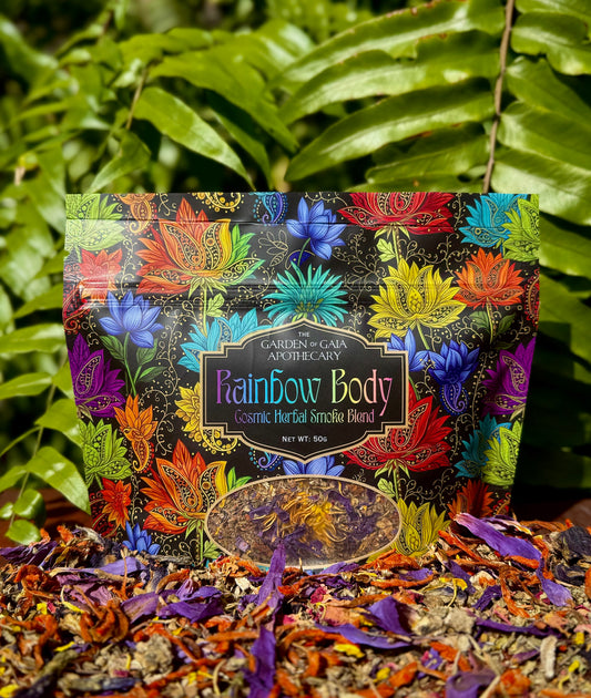Packaged herbal blend with colorful floral design on a natural background