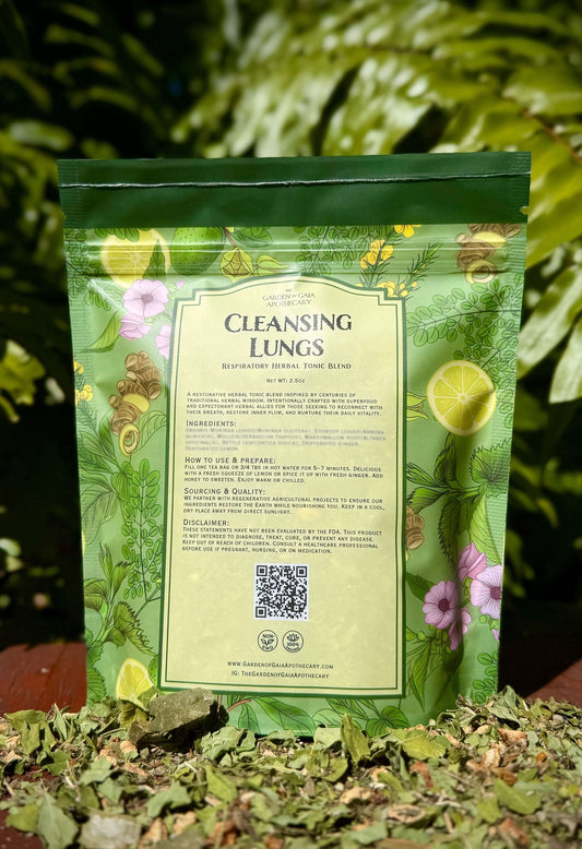 Herbal tea package labeled 'Cleansing Lungs' with a QR code on a green leafy background.