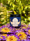 A jar of Hathor's Ease, Magnesium and Blue Lotus - front view. sits on a woven tray surrounded by dried lotus flowers, with a blurred green fern background.