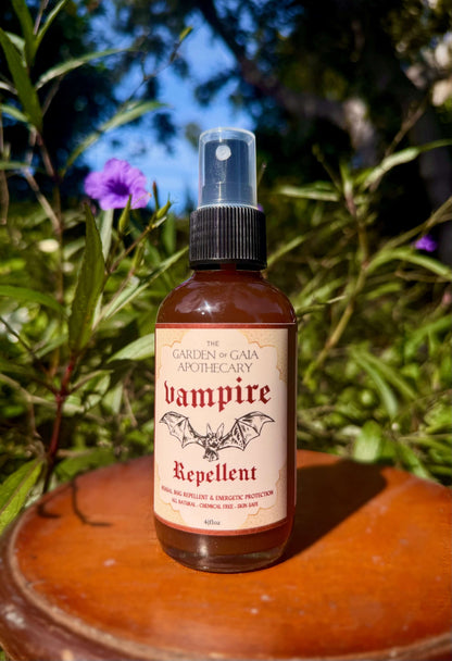 Vampire Repellent Non-Toxic Herbal Bug Spray in a spray bottle against a natural background.