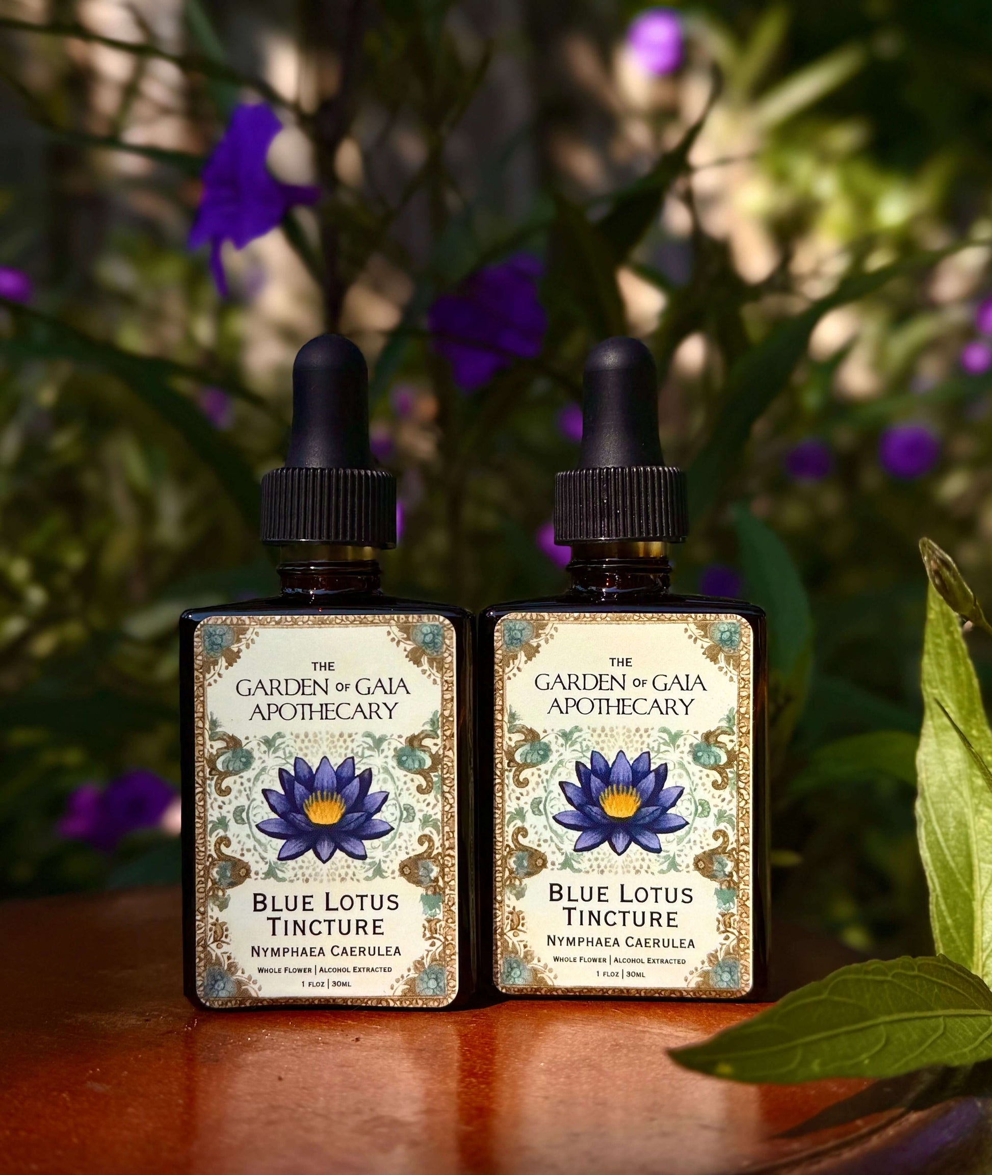 Two bottles of Blue Lotus Tincture from The Garden of Gaia Apothecary with a natural background.