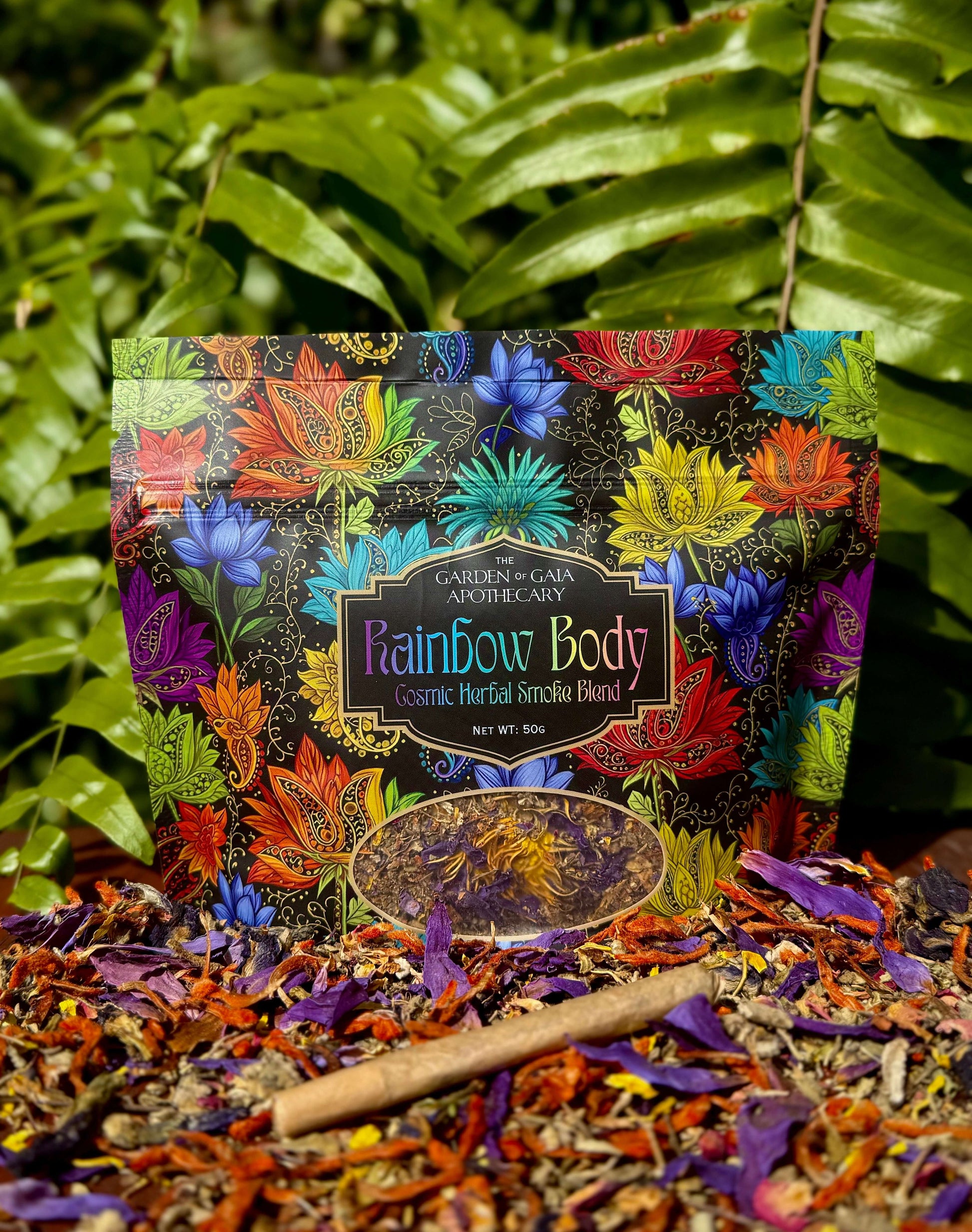 Rainbow Body-Cosmic Herbal Blend package surrounded by colorful dried herbs and flowers on a natural background.