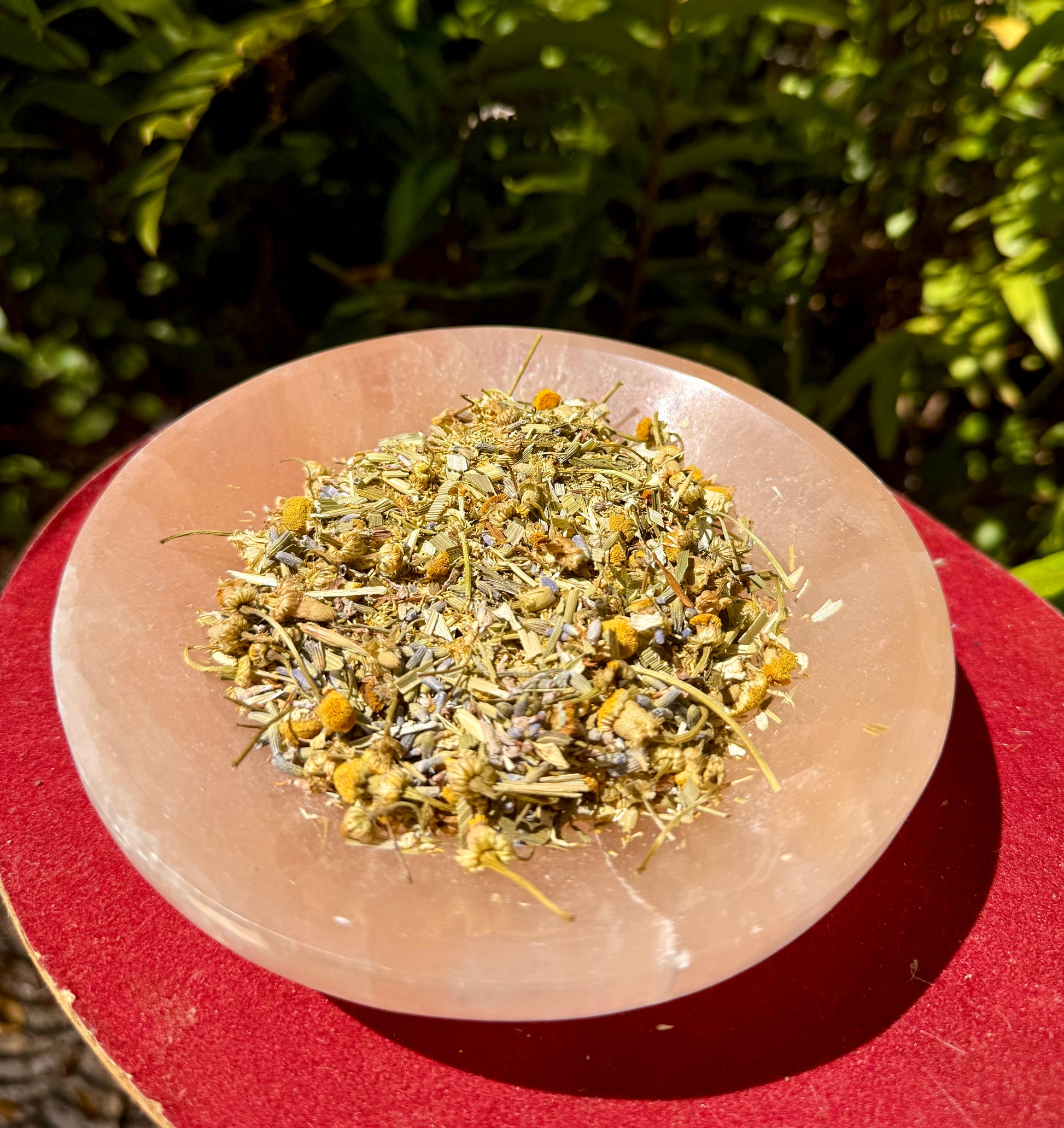 Dried chamomile lavender and oat straw on a pink stone plate with a natural background