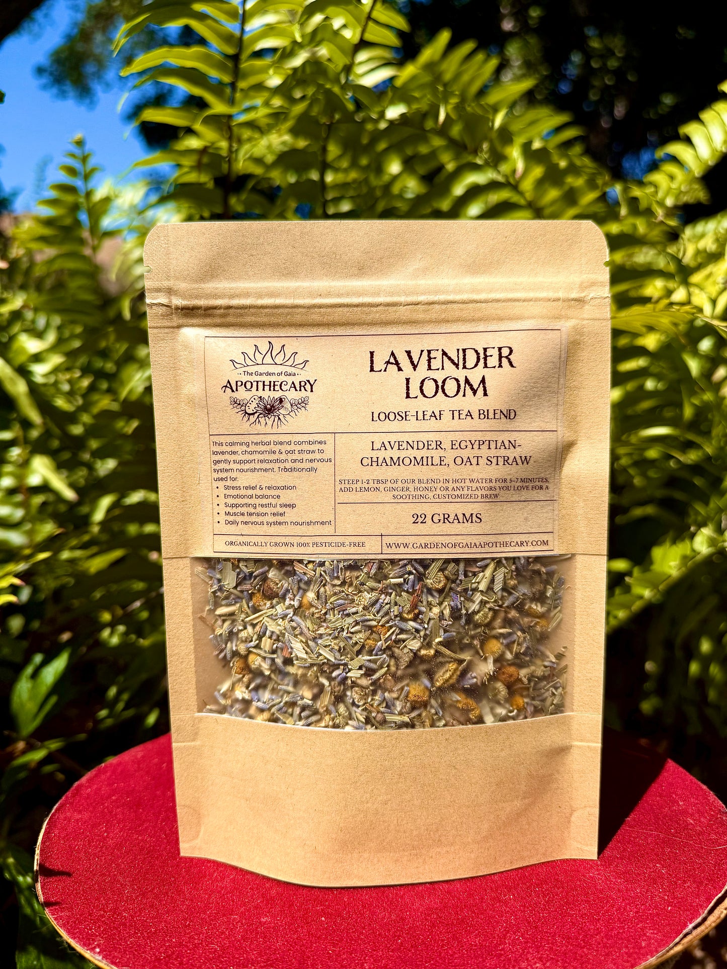 lavender loom organic loose leaf tea blend with chamomile oatstraw and lavender in a brown bag - front view