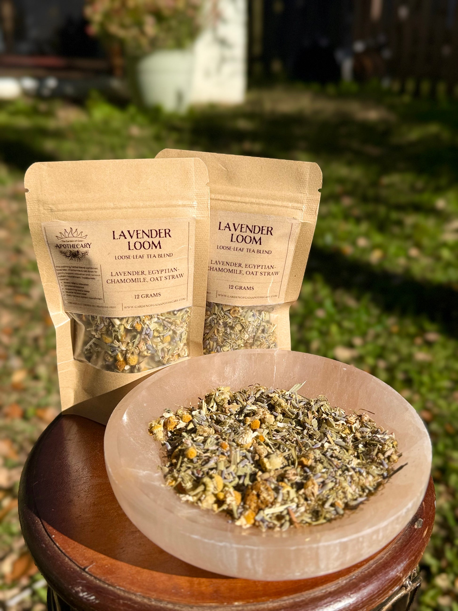 a bag of lavender loom, loose leaf herbal tea blends with lavender, chamomile and oat straw.