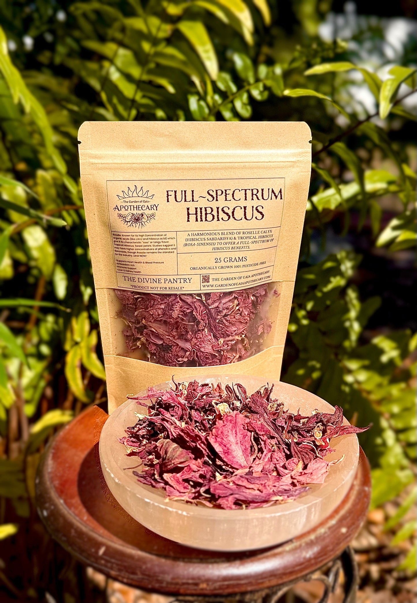 Full-spectrum hibiscus packaging with dried hibiscus on a wooden stand against a green leafy background