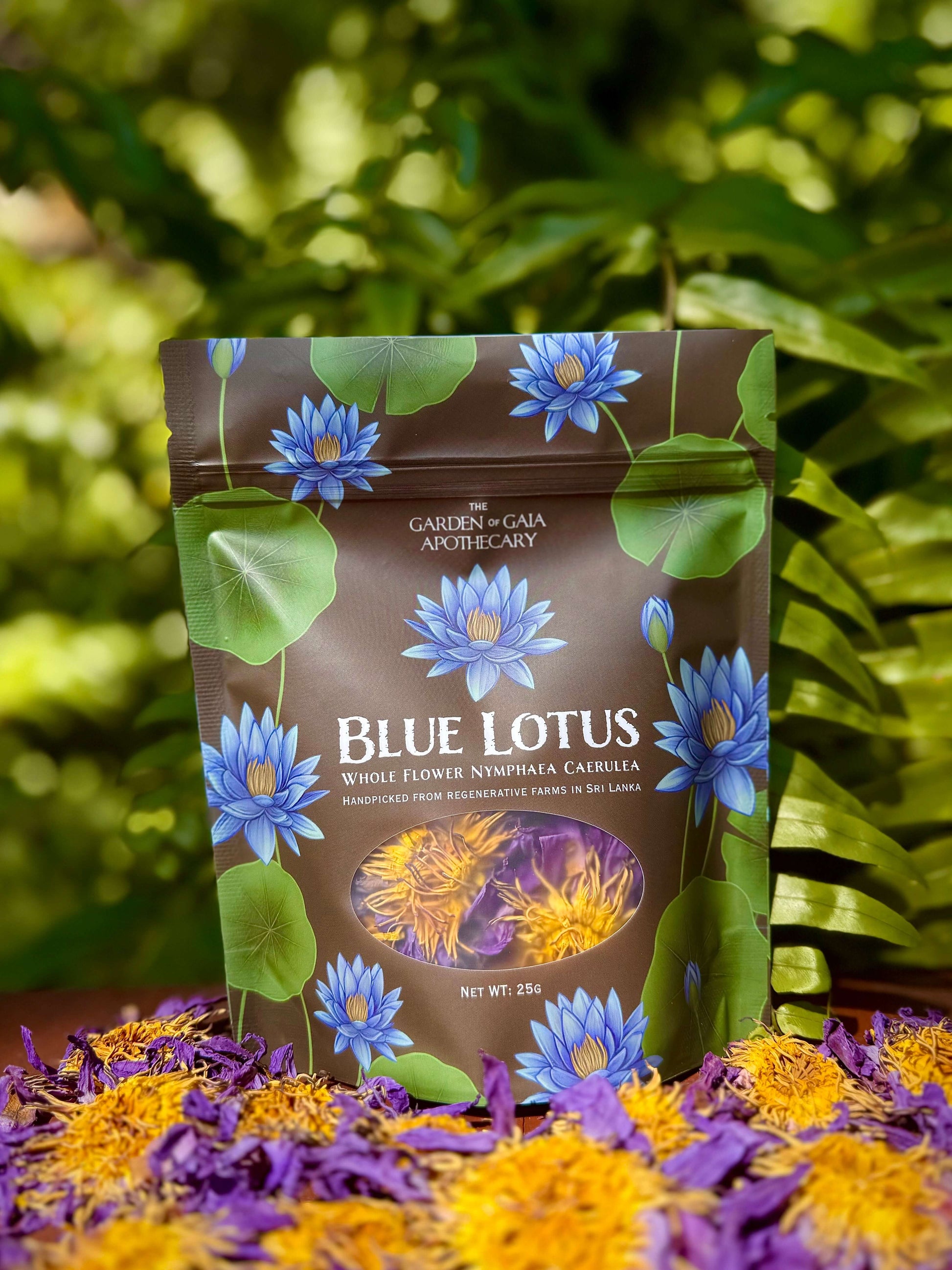 Lotus Trinity Bundle featuring Blue Lotus whole flower package surrounded by colorful petals.